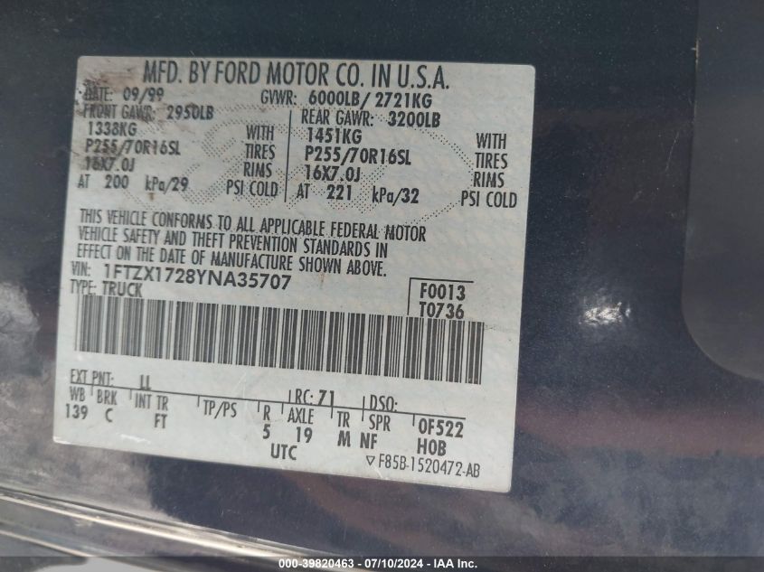 2000 Ford F-150 Work Series/Xl/Xlt VIN: 1FTZX1728YNA35707 Lot: 39820463