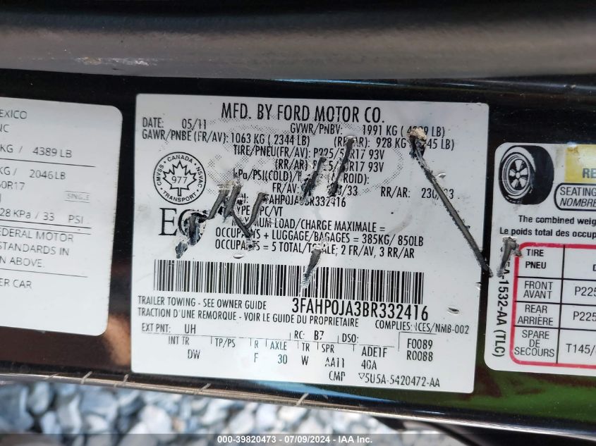 2011 Ford Fusion Sel VIN: 3FAHP0JA3BR332416 Lot: 39820473