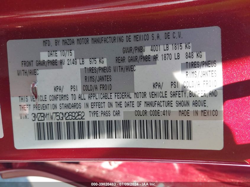 2016 Mazda Mazda3 I Touring VIN: 3MZBM1W75GM269252 Lot: 39820483