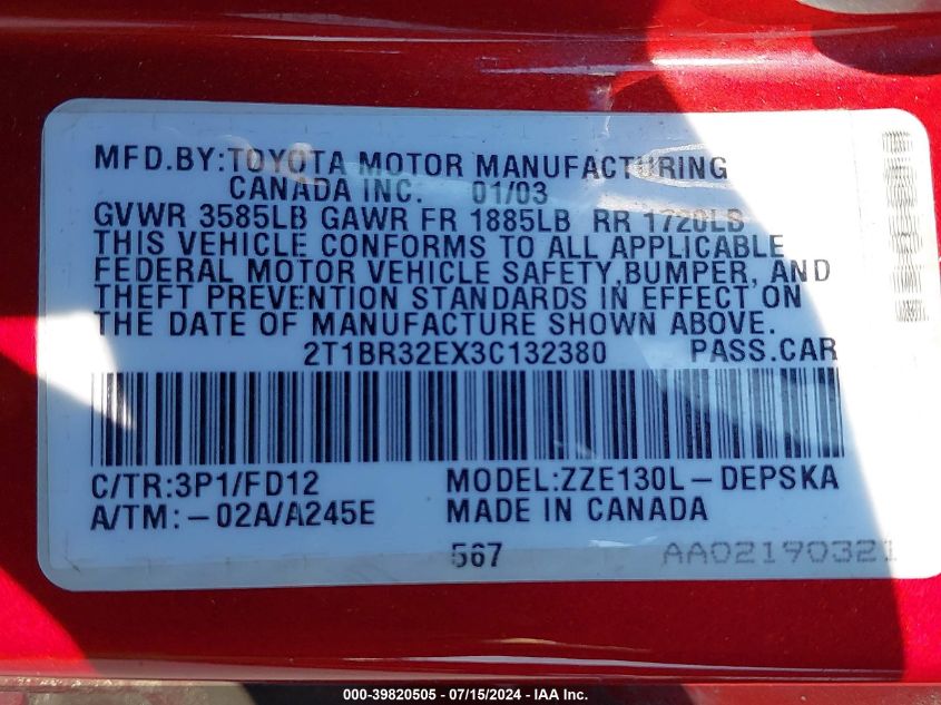 2003 Toyota Corolla S VIN: 2T1BR32EX3C132380 Lot: 39820505