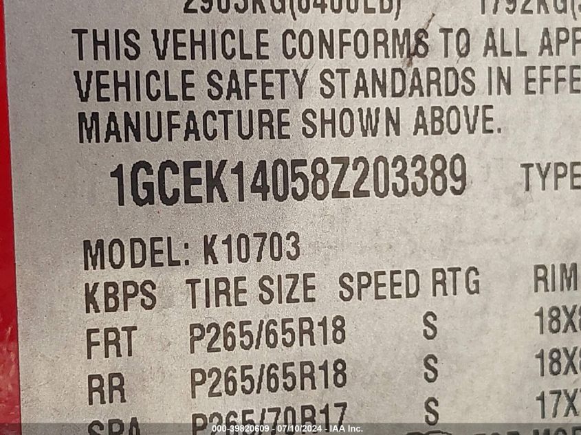 2008 Chevrolet Silverado 1500 K1500 VIN: 1GCEK14058Z203389 Lot: 39820609