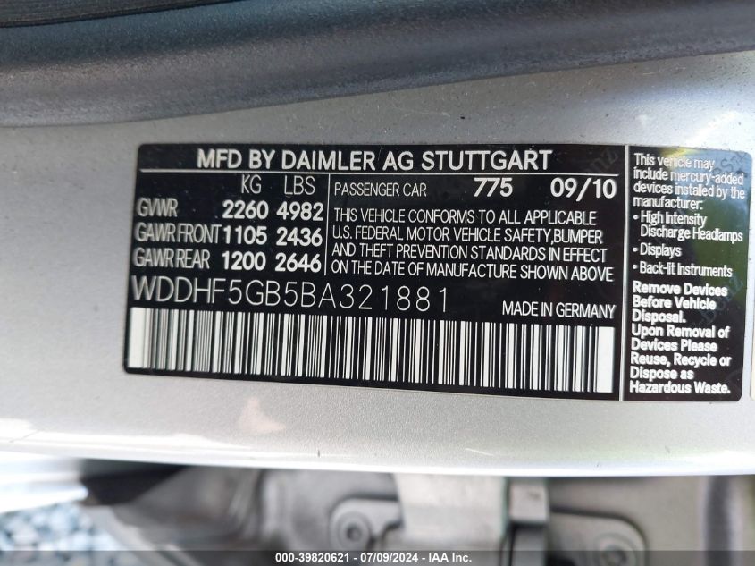 2011 Mercedes-Benz E 350 VIN: WDDHF5GB5BA321881 Lot: 39820621