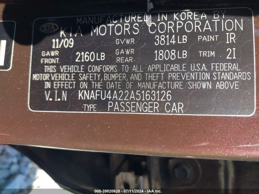 2010 Kia Forte Ex VIN: KNAFU4A22A5163126 Lot: 39820628