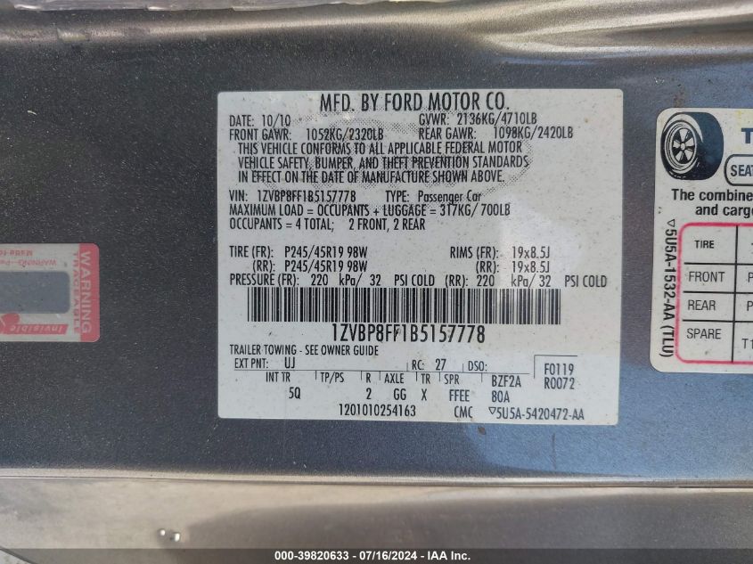 2011 Ford Mustang Gt Premium VIN: 1ZVBP8FF1B5157778 Lot: 39820633