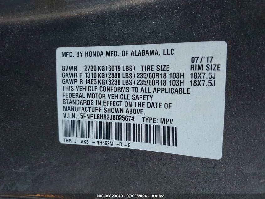 VIN 5FNRL6H82JB025674 2018 HONDA ODYSSEY TOURING