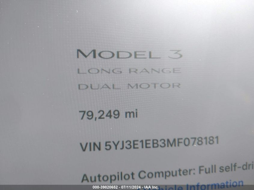 2021 TESLA MODEL 3 LONG RANGE DUAL MOTOR ALL-WHEEL DRIVE - 5YJ3E1EB3MF078181