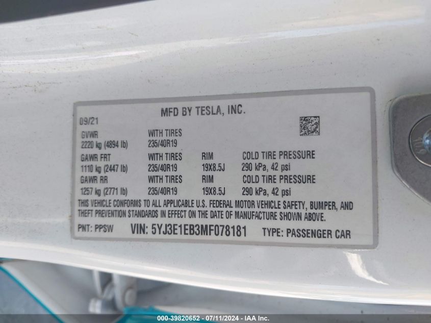 2021 Tesla Model 3 Long Range Dual Motor All-Wheel Drive VIN: 5YJ3E1EB3MF078181 Lot: 39820652