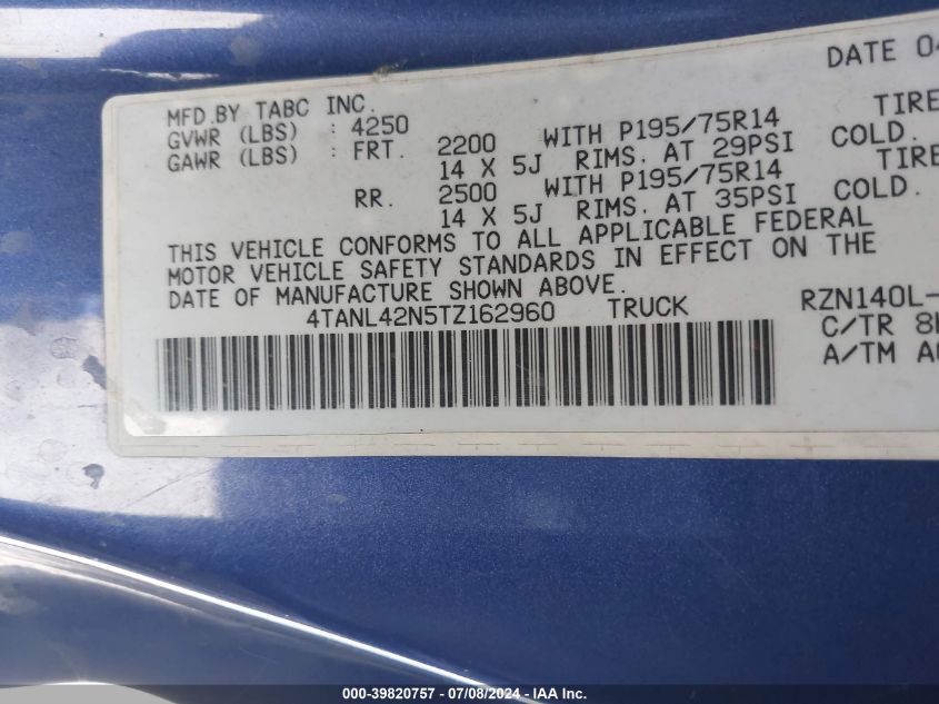 1996 Toyota Tacoma VIN: 4TANL42N5TZ162960 Lot: 39820757