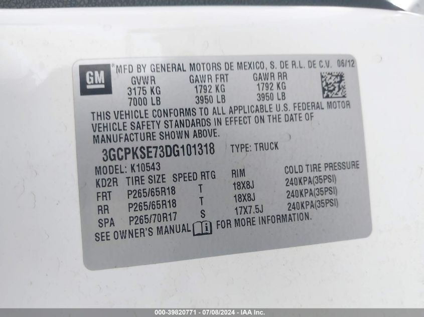 3GCPKSE73DG101318 2013 Chevrolet Silverado 1500 Lt