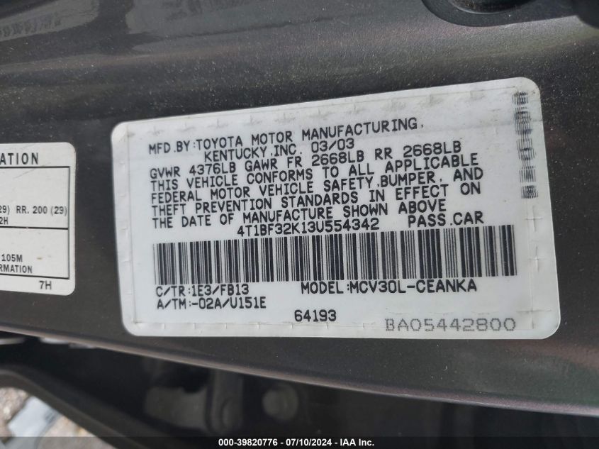 2003 Toyota Camry Le VIN: 4T1BF32K13U554342 Lot: 39820776