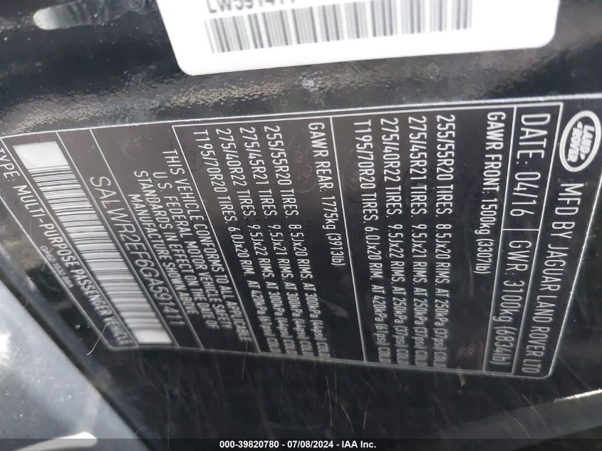 2016 Land Rover Range Rover Sport 5.0L V8 Supercharged/5.0L V8 Supercharged Dynamic VIN: SALWR2EF6GA591411 Lot: 39820780