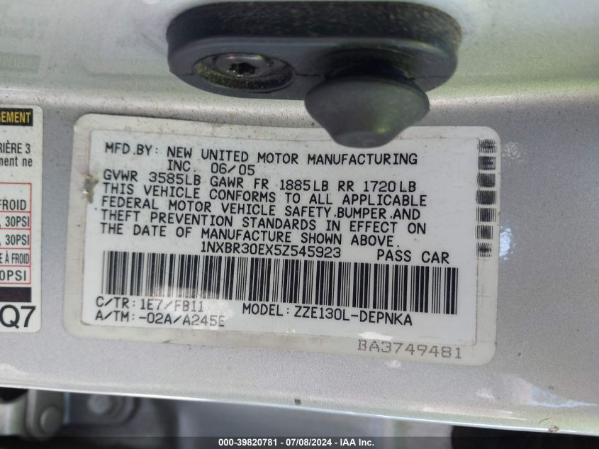 2005 Toyota Corolla Le VIN: 1NXBR30EX5Z545923 Lot: 39820781