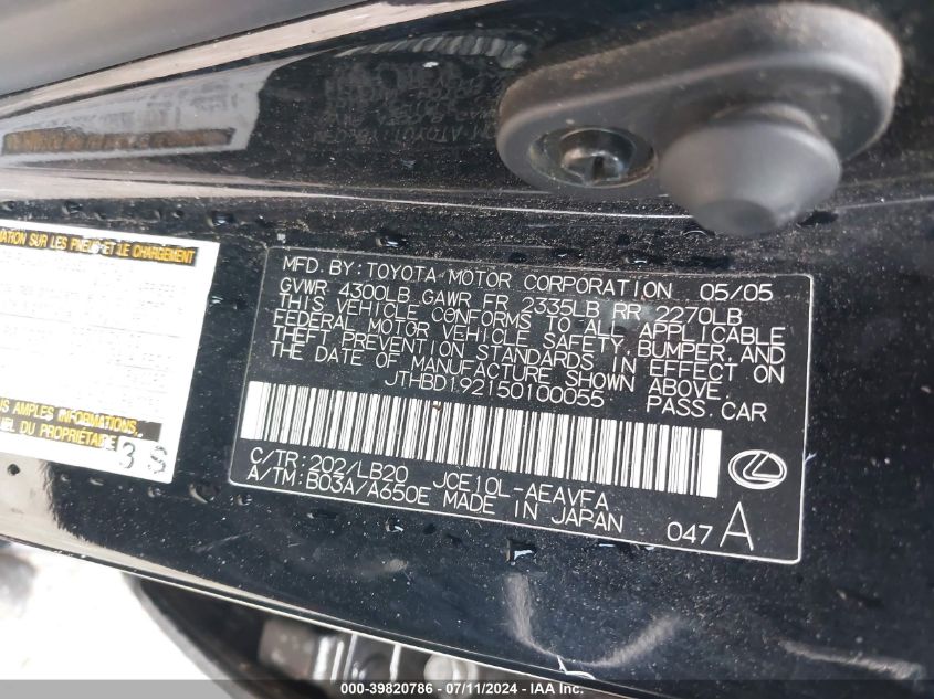 2005 Lexus Is 300 VIN: JTHBD192150100055 Lot: 39820786