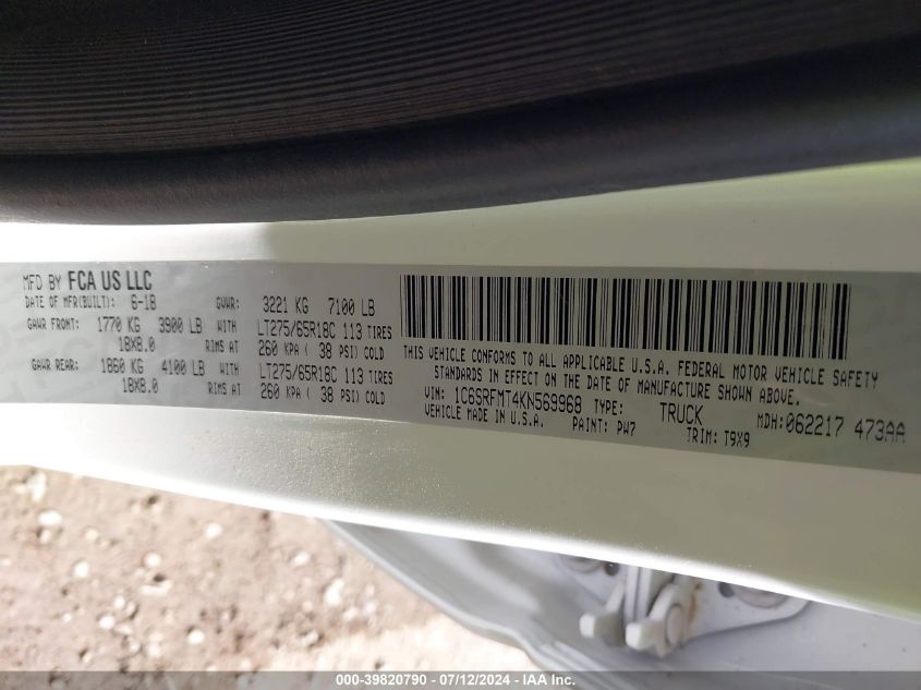 2019 Ram 1500 Big Horn/Lone Star 4X4 6'4 Box VIN: 1C6SRFMT4KN569968 Lot: 39820790