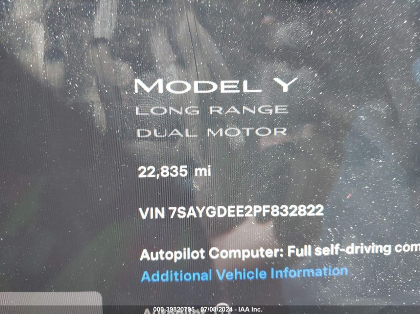 2023 Tesla Model Y Awd/Long Range Dual Motor All-Wheel Drive VIN: 7SAYGDEE2PF832822 Lot: 39820795