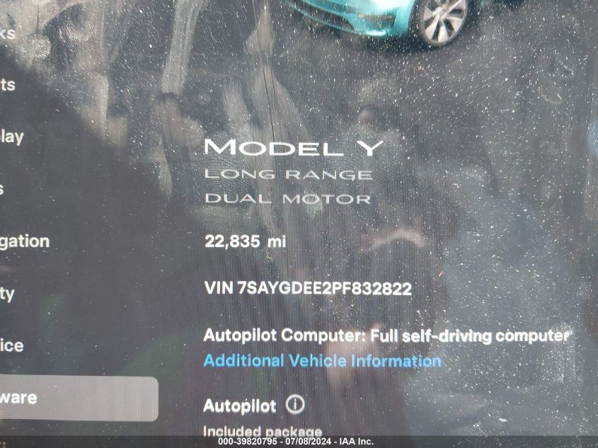 2023 Tesla Model Y Awd/Long Range Dual Motor All-Wheel Drive VIN: 7SAYGDEE2PF832822 Lot: 39820795