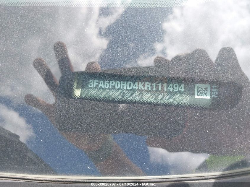 2019 Ford Fusion Se VIN: 3FA6P0HD4KR111494 Lot: 39820797