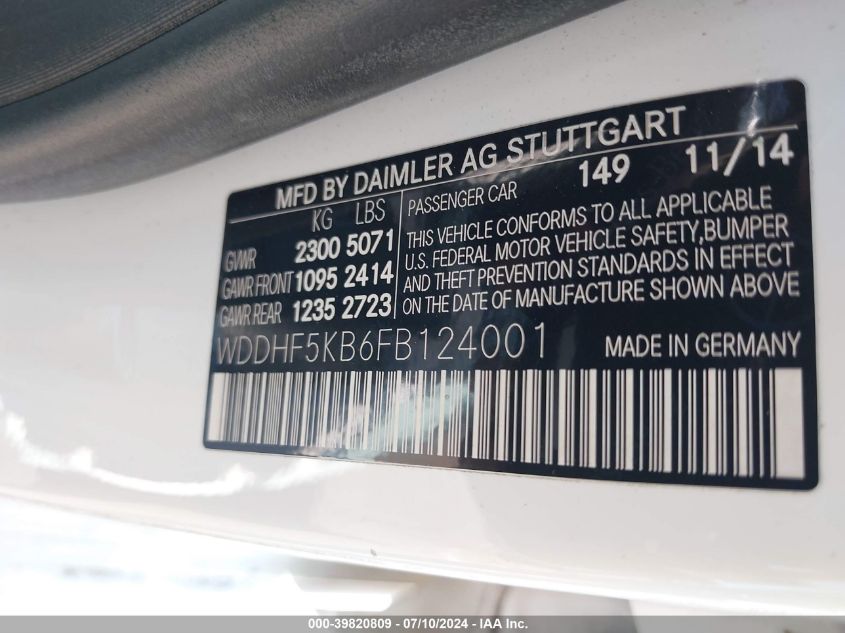 2015 Mercedes-Benz E 350 VIN: WDDHF5KB6FB124001 Lot: 39820809