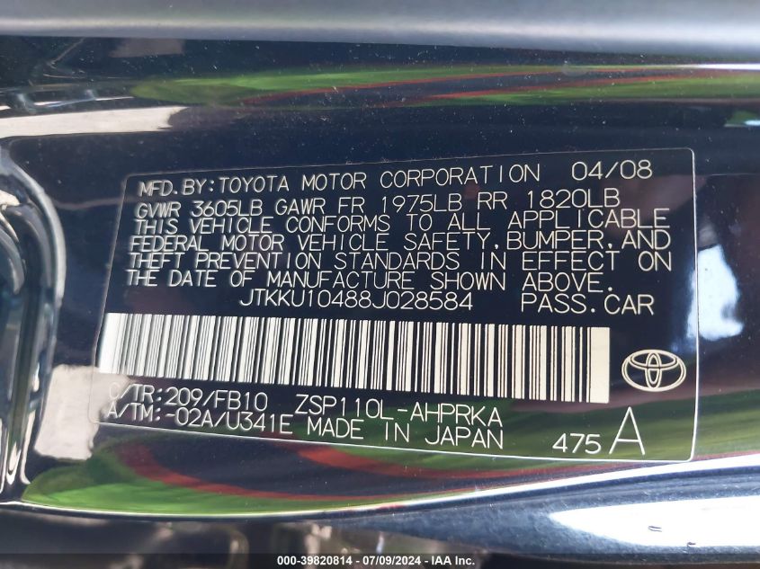 2008 Scion Xd VIN: JTKKU10488J028584 Lot: 39820814