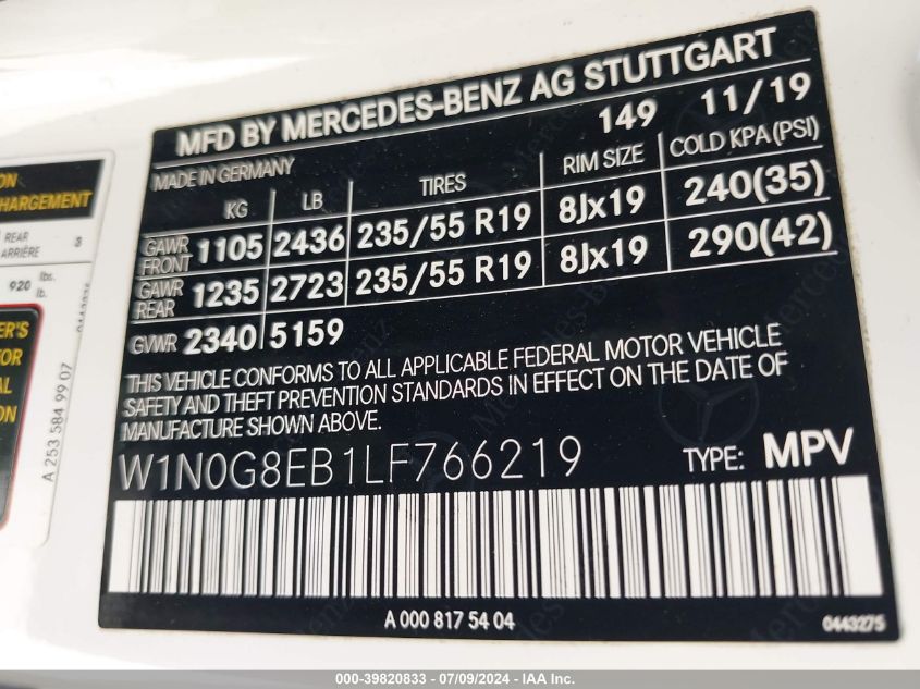 2020 Mercedes-Benz Glc 300 4Matic VIN: W1N0G8EB1LF766219 Lot: 39820833