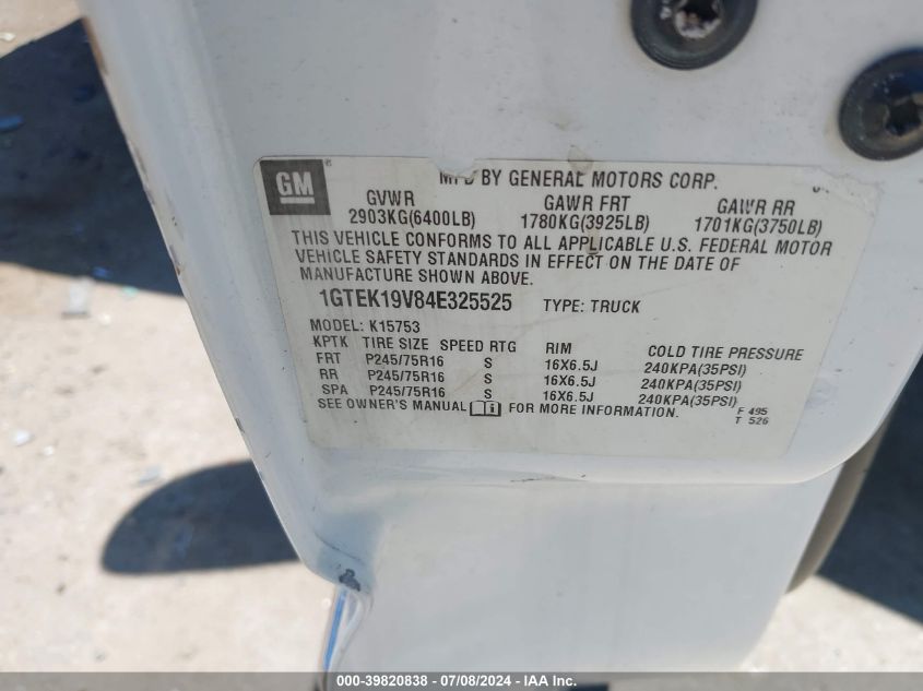 2004 GMC Sierra 1500 Sle VIN: 1GTEK19V84E325525 Lot: 39820838