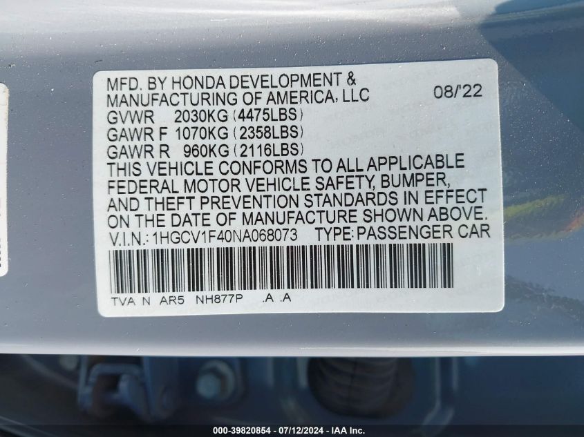 2022 Honda Accord Sport Special Edition VIN: 1HGCV1F40NA068073 Lot: 39820854