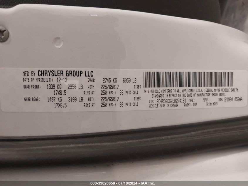 2014 Dodge Grand Caravan Sxt VIN: 2C4RDGCG7ER274161 Lot: 39820858