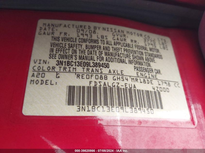 2009 Nissan Versa 1.8Sl VIN: 3N1BC13E09L389450 Lot: 39820866