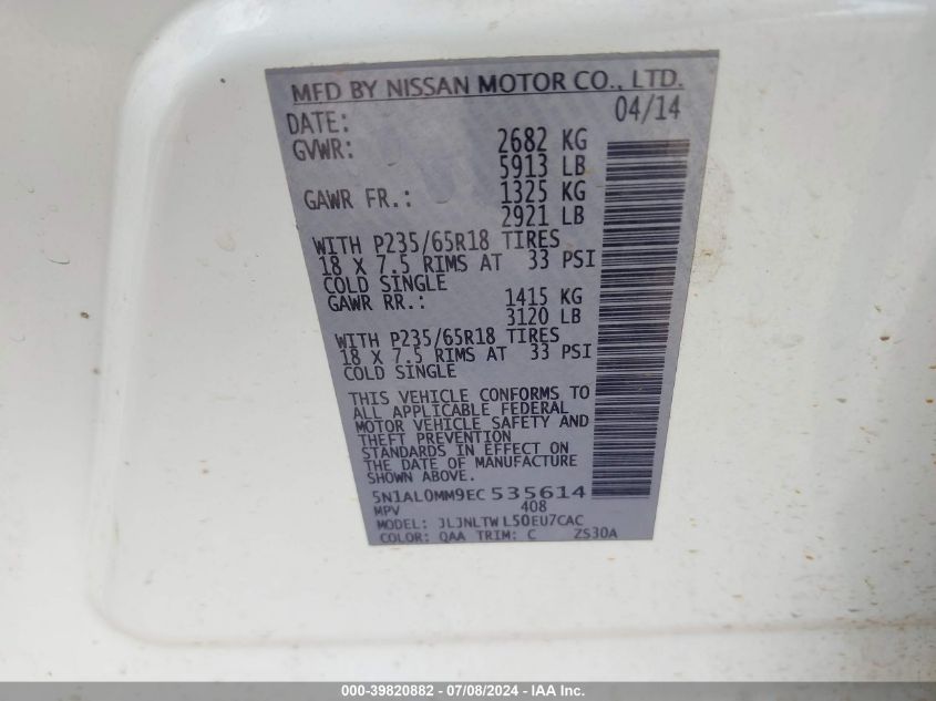 2014 Infiniti Qx60 VIN: 5N1AL0MM9EC535614 Lot: 39820882