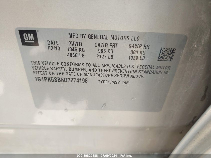 2013 Chevrolet Cruze Lt VIN: 1G1PK5SB8D7274198 Lot: 39820888