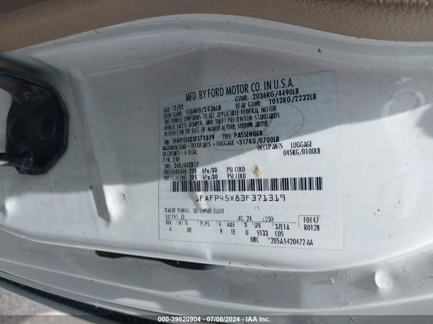 2003 Ford Mustang Gt VIN: 1FAFP45X83F371319 Lot: 39820904