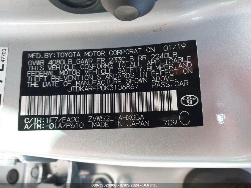 2019 Toyota Prius Prime Premium VIN: JTDKARFP0K3106867 Lot: 39820906