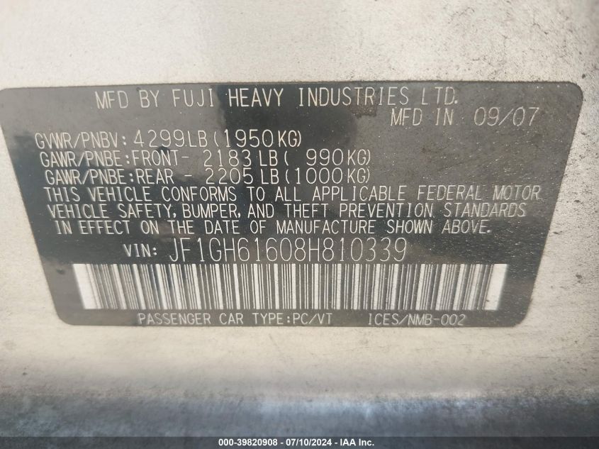 2008 Subaru Impreza 2.5I VIN: JF1GH61608H810339 Lot: 39820908