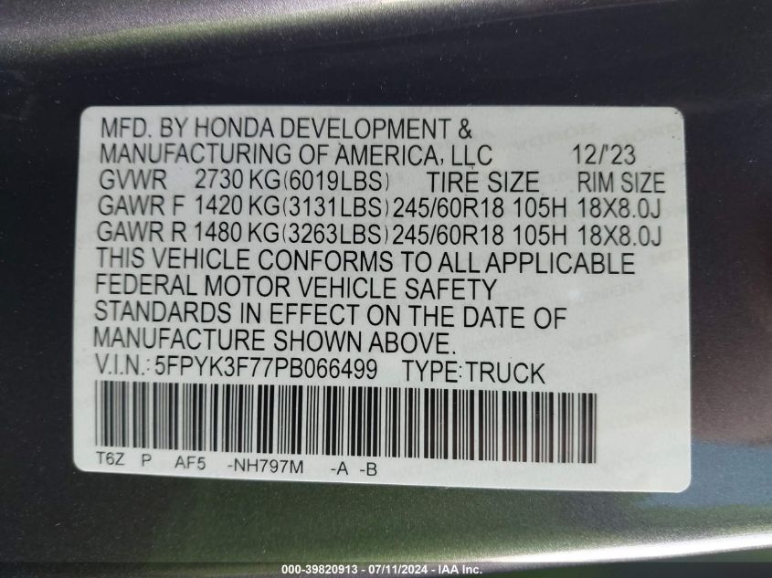 2023 Honda Ridgeline Rtl-E VIN: 5FPYK3F77PB066499 Lot: 39820913