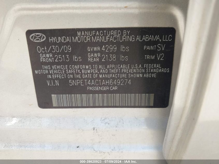 2010 Hyundai Sonata Gls VIN: 5NPET4AC1AH649274 Lot: 39820923