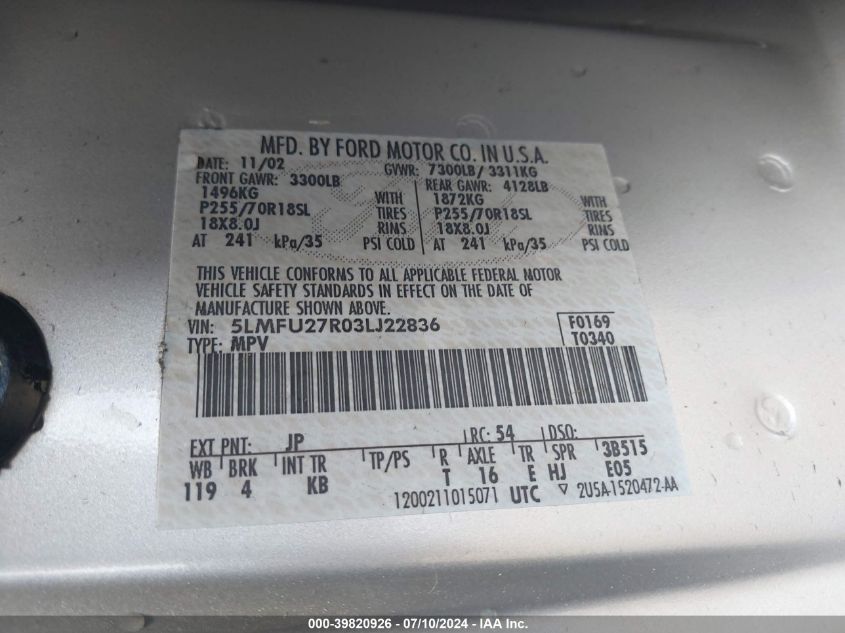 2003 Lincoln Navigator VIN: 5LMFU27R03LJ22836 Lot: 39820926