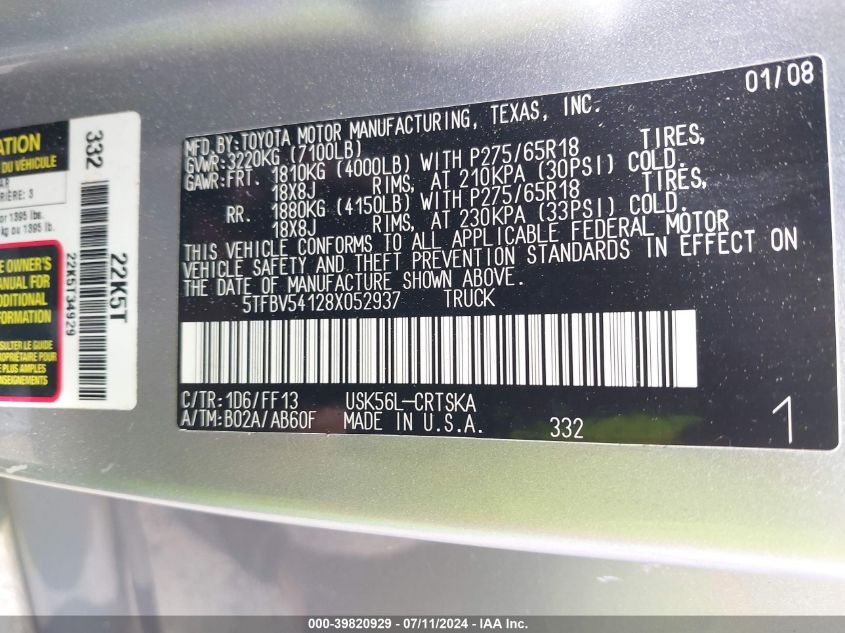 2008 Toyota Tundra Sr5 5.7L V8 VIN: 5TFBV54128X052937 Lot: 39820929