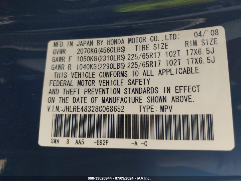 2008 Honda Cr-V Lx VIN: JHLRE48328C068652 Lot: 39820944
