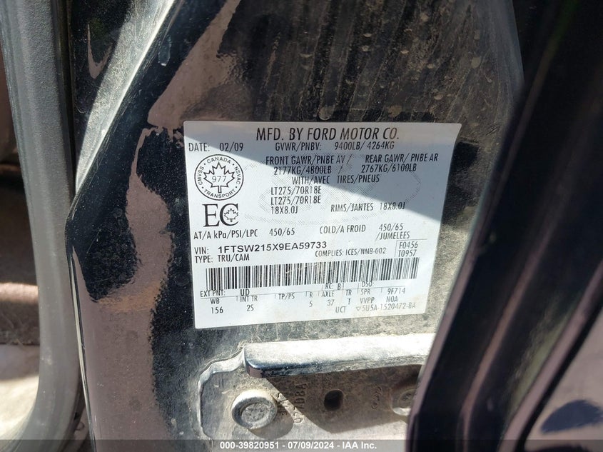 2009 Ford F-250 Fx4/King Ranch/Lariat/Xl/Xlt VIN: 1FTSW215X9EA59733 Lot: 39820951