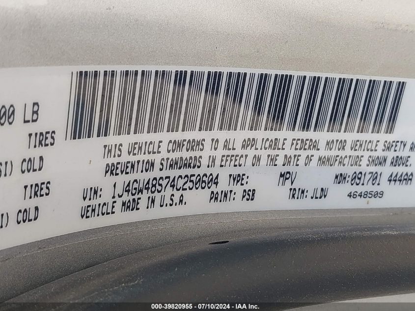 2004 Jeep Grand Cherokee Laredo VIN: 1J4GW48S74C250604 Lot: 39820955