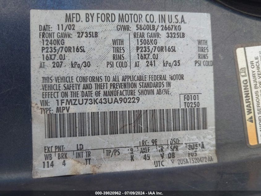 2003 Ford Explorer Nbx/Xlt VIN: 1FMZU73K43UA90229 Lot: 39820962