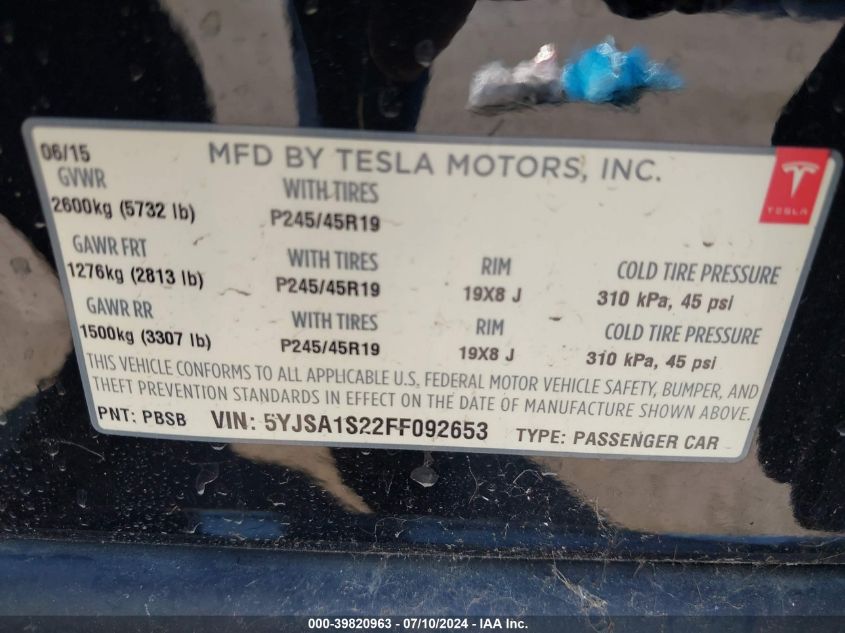 2015 Tesla Model S 70D/85D/P85D VIN: 5YJSA1S22FF092653 Lot: 39820963