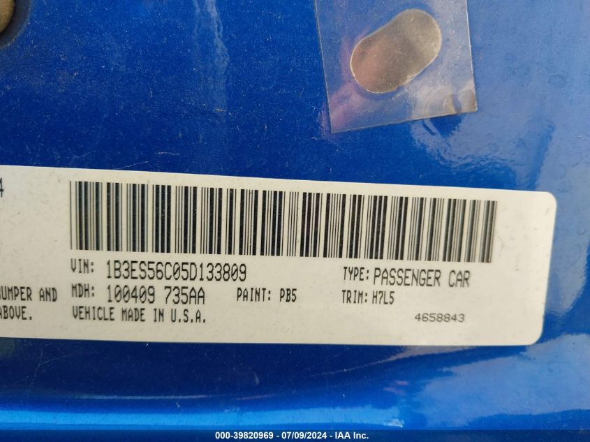 2005 Dodge Neon Sxt VIN: 1B3ES56C05D133809 Lot: 39820969