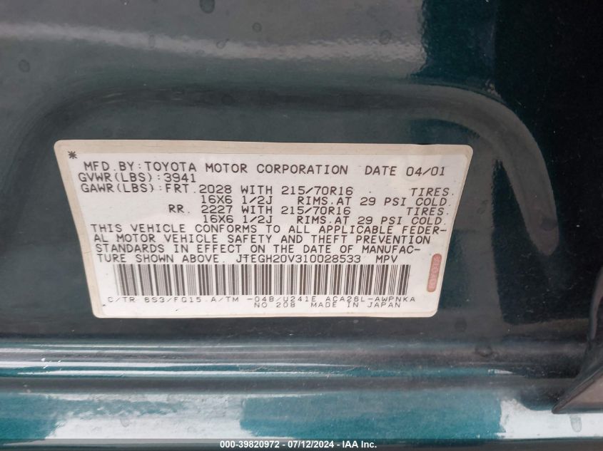 2001 Toyota Rav4 VIN: JTEGH20V310028533 Lot: 39820972