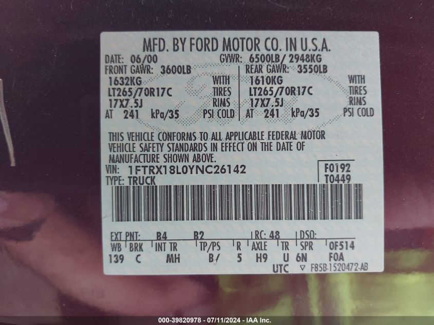 2000 Ford F-150 Lariat/Work Series/Xl/Xlt VIN: 1FTRX18L0YNC26142 Lot: 39820978