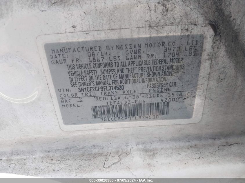 2015 Nissan Versa Note Sv VIN: 3N1CE2CP9FL374530 Lot: 39820980