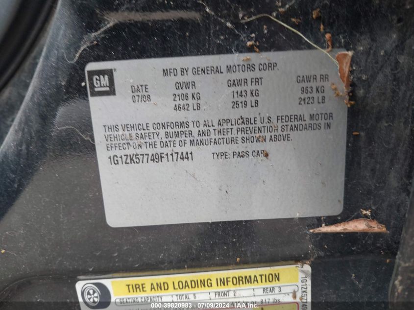 2009 Chevrolet Malibu Ltz VIN: 1G1ZK57749F117441 Lot: 39820983