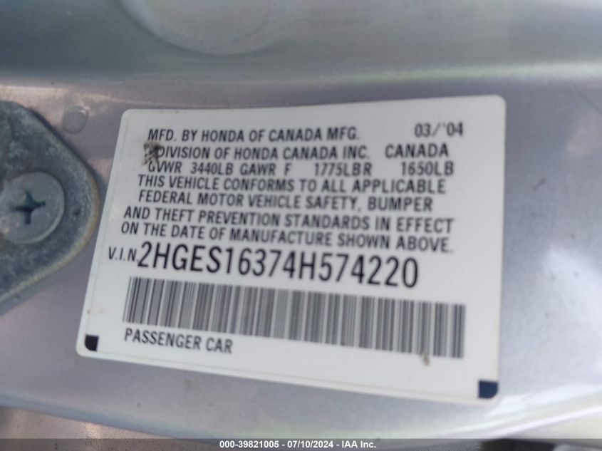 2004 Honda Civic Vp VIN: 2HGES16374H574220 Lot: 39821005
