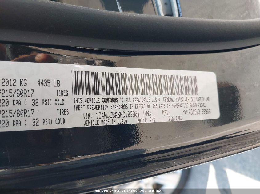 VIN 1C4NJCBA6HD123901 2017 JEEP COMPASS SPORT