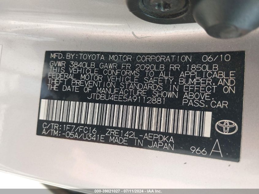 2010 Toyota Corolla Le VIN: JTDBU4EE5A9112881 Lot: 39821027